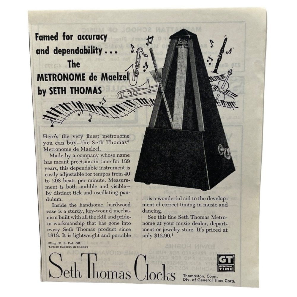 Seth Thomas Metronome Clocks Vintage Print Ad 1952 Piano Music Keep Time